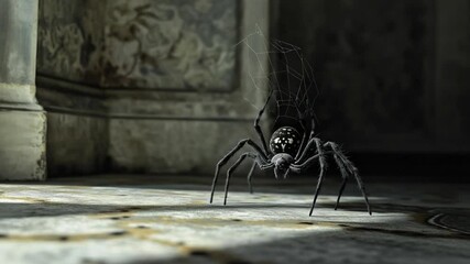 a black spider makes a web