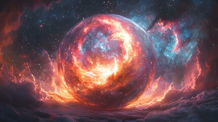 Poster - glowing cosmic sphere floating in a galaxy of stars