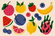 © Yelyzaveta - Fruits and berries. Vintage nature print with orange, dragon fruit, plum, watermelon, grapefruit, blackberry, blueberry, raspberry, lemon risograph style. Vector retro fruit set