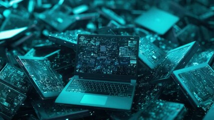 Wall Mural - futuristic laptops surrounded by glowing data streams, showcasing technology and innovation in digit