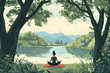 © Masum - Woman Meditating by Calm Lake Serene Mountain View Green Trees Yoga Posture Peaceful Nature Scene mountains