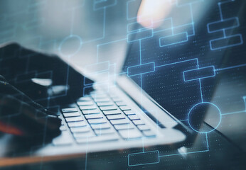 futuristic laptop interface with digital overlays