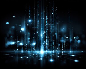 Abstract digital landscape with light beams and binary code