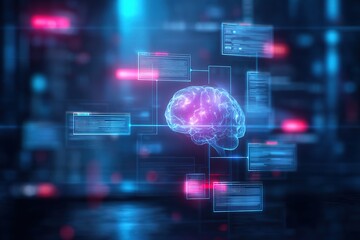 Modern business AI brain surrounded by flowcharts and code lines
