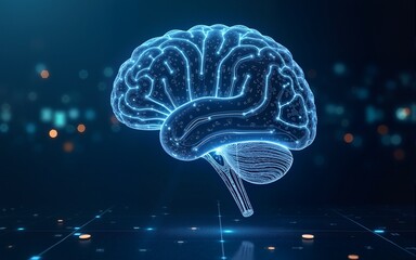 Machine learning , artificial intelligence , ai , deep learning and future concept. Wireframe Brain connect with circuit electronic graphic and binary code abstract background.Blue tone. High quality