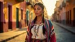  Woman in Traditional Mexican Dress on City Street. This image is a portrait of a young woman with dark hair styled in braids, wearing traditional Mexican clothing. 