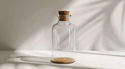 Empty glass bottle with cork stopper on a white surface.