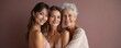 © miss irine - Three generations of women, mother, daughter, grandmother, smiling in beauty shot. Portrait of happy family, ladies embrace. Diverse ages, family love, skin care, female beauty, healthy skin, care,