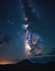 Wall Mural - vertical milky way galaxy shines at night over mountain range. stars, nebulae, cosmic dust create br