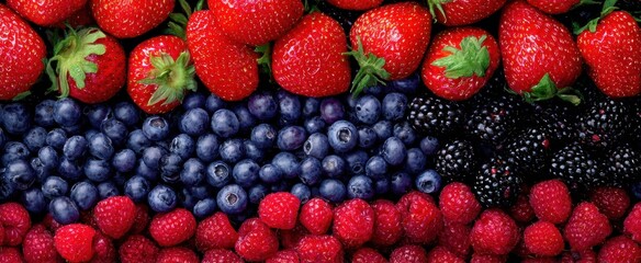 Wall Mural - The colorful arrangement of fresh berries on a wooden table.