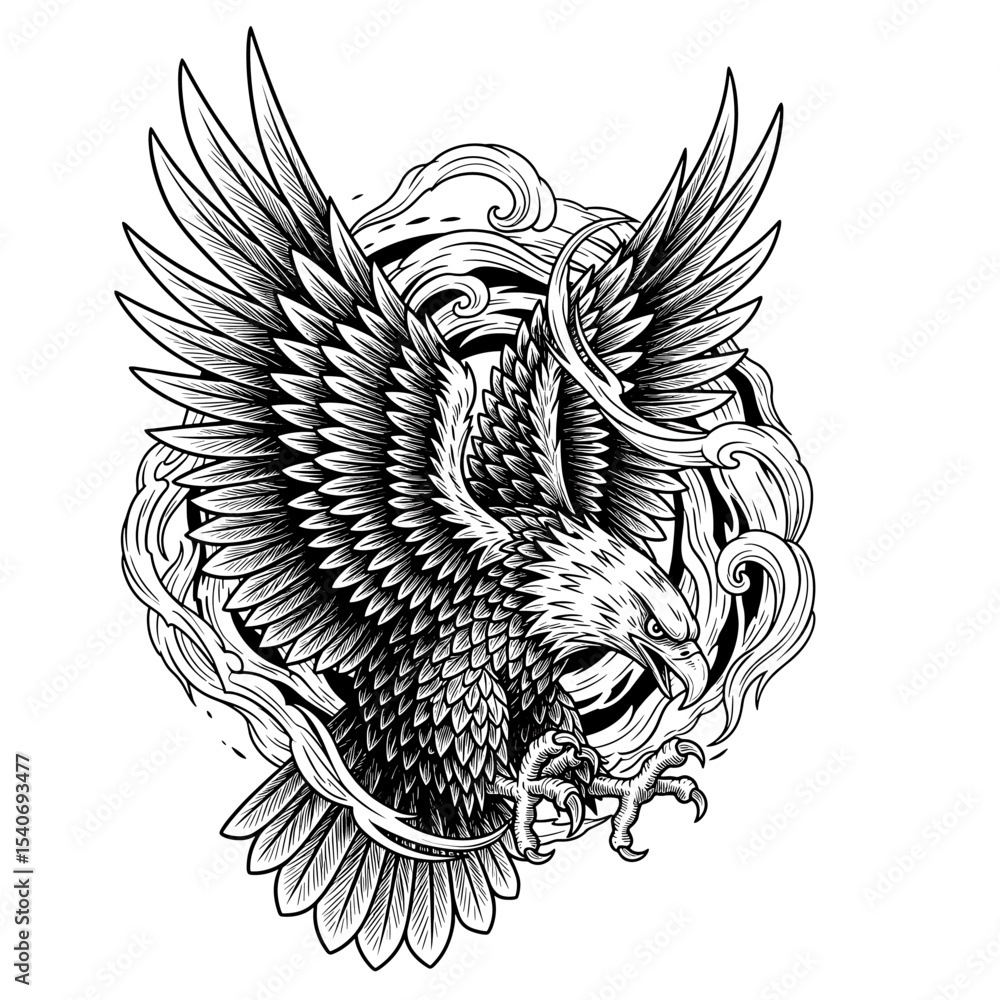 A stylized black and white illustration of a soaring eagle, detailed ...