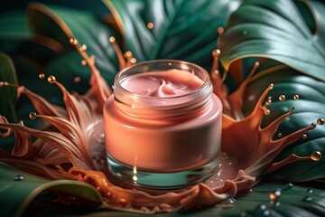 Wall Mural - Cosmetic bottles and tropical leaves on wooden table, closeup. Beauty treatment