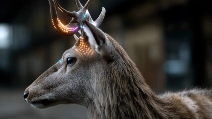 Wall Mural - deer with antlers decorated with glowing blue and orange dots creating a futuristic pattern on a dar