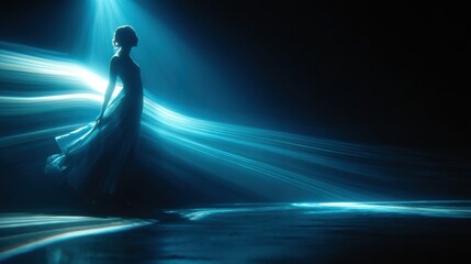 Wall Mural - Silhouette of a ballerina dancing gracefully in a long dress amidst blue light trails, illuminated by a spotlight in a dark setting, creating a mesmerizing and ethereal atmosphere