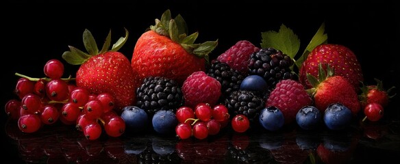 Wall Mural - The vibrant assortment of fresh berries on a dark reflective surface