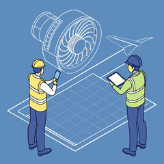 Virtual reality-assisted engineers inspecting a jet engine’s digital twin for predictive maintenance in an industrial environment.