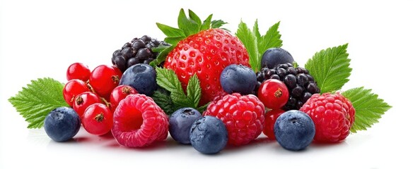 Wall Mural - The vibrant assortment of fresh berries with green leaves for healthy snacking.