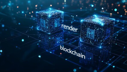 Futuristic digital cubes glowing with abstract data streams, representing blockchain and rendering technology.