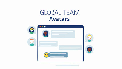 illustration showing a chat interface with diverse avatars representing a global team communication 