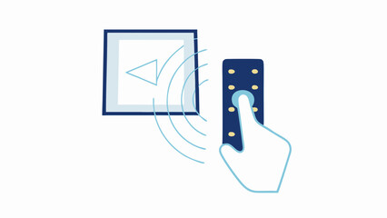 Illustration of a tv screen with play button and a hand using a remote control to operate it