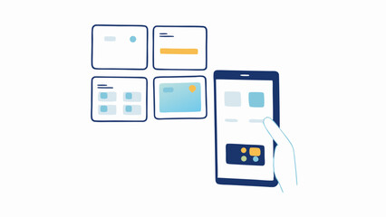 Illustration showing a hand using a tablet with several cards displayed on the screen behind it