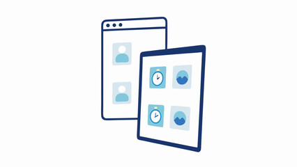 Illustration of a web page and a tablet with various icons and profile pictures shown on screen