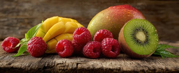 Wall Mural - The colorful arrangement of fresh fruits on rustic wooden background