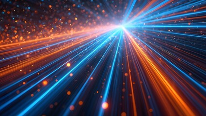 Futuristic digital illustration featuring blue, orange neon high-speed technology concept. Dynamic motion graphics, abstract background of cyberspace connectivity. Modern tech interface, web design,