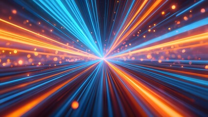 Futuristic digital illustration featuring blue, orange neon high-speed technology concept. Dynamic motion graphics, abstract background of cyberspace connectivity. Modern tech interface, web design,