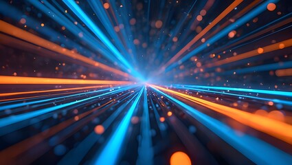 Futuristic digital illustration featuring blue, orange neon high-speed technology concept. Dynamic motion graphics, abstract background of cyberspace connectivity. Modern tech interface, web design,