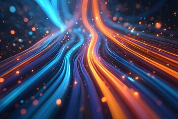 Futuristic digital illustration featuring blue, orange neon high-speed technology concept. Dynamic motion graphics, abstract background of cyberspace connectivity. Modern tech interface, web design,
