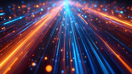 Futuristic digital illustration featuring blue, orange neon high-speed technology concept. Dynamic motion graphics, abstract background of cyberspace connectivity. Modern tech interface, web design,