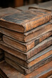 © Halal Vision Studio - Vintage Leather Books on Wooden Shelf Illuminated by Sunlight Ray