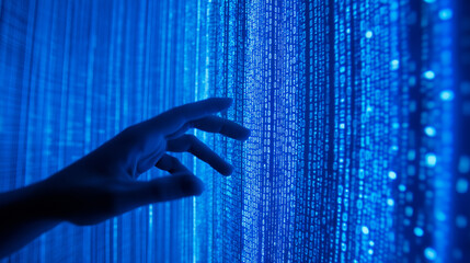 Wall Mural - human hand interacting with a glowing digital interface filled with binary code.