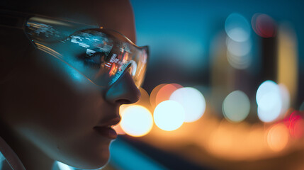 a futuristic female profile wearing stylish glasses is overlaid with abstract data visualizations an