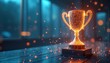 © Pete - Digital trophy award on futuristic background. Glowing golden goblet on black pedestal. Modern innovation tech success achievement concept. Winner champion prize.