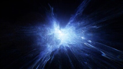 Wall Mural - abstract motion graphic features a bright blue light bursting amidst swirling particles in dark spac