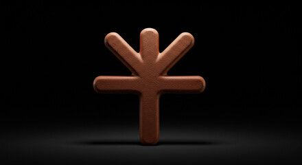 Wall Mural - a textured brown symbol with three arms pointing upwards and one downwards on a dark black backgroun