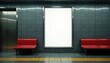 © Pete - Blank movie poster mockup in a subway station. Empty billboard advertising space with red benches and elevator. Urban setting, advertising, promo, commercial design.