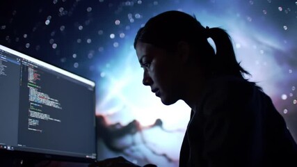 focused coder at night, immersed in digital landscapes, crafting secure software