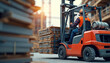 © Pete - Forklift operator transports construction materials. Worker drives vehicle. Man wearing safety helmet, vest. Loading unloading process. Organized logistic at building site. Transportation of wooden