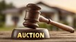 © Newleks - Wooden auction hammer lying on soundboard, golden text visible, blurred residential property background suggesting real estate sale, foreclosure proceedings