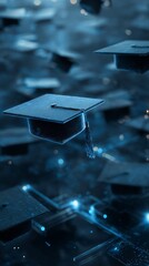 Wall Mural - graduation caps floating above digital blocks in futuristic study environment.