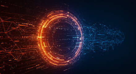 Wall Mural - Abstract rendering of a technological interface with orange and blue digital elements and connections