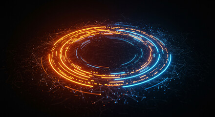 Wall Mural - Abstract glowing circles in orange and blue with connecting dots on a dark background render