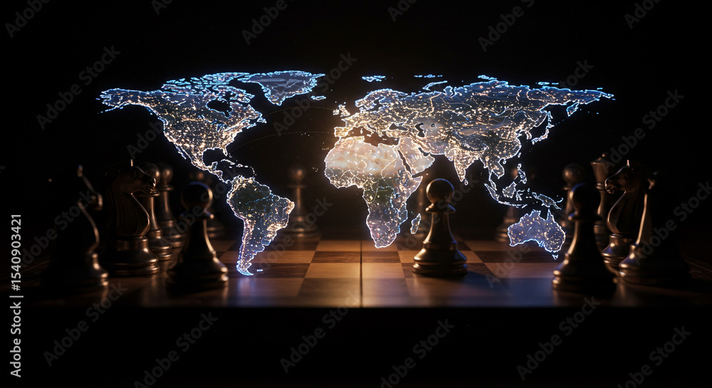 Chessboard with chess pieces and a world map overlay glowing with city ...