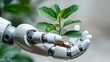 © Yuliia Muska - A close-up of a robotic hand gently holding a green sprout, symbolizing the connection between artificial intelligence