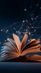 Wall Mural - exploring knowledge through an open book surrounded by digital connections and vibrant light