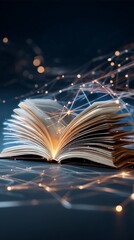 Wall Mural - exploring knowledge through an open book surrounded by digital connections and vibrant light.