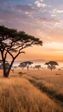 African savanna sunrise with acacia trees and golden grass